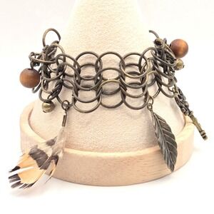 Antique Bronze Tone Boho Charm Bracelet Key Heart Feather Wood Bead Toggle Clasp